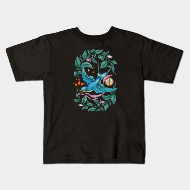 A bird, Nightshade, a key, a compass. Black background Kids T-Shirt by Sitenkova